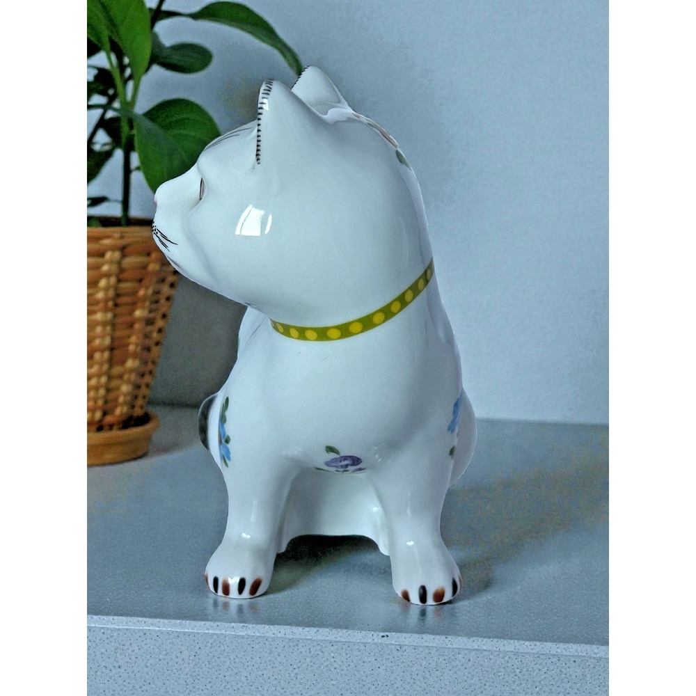 Vintage White Floral Cat Figure Porcelain Bow Chubby Hand painted Home Deco - Picture 7 of 14